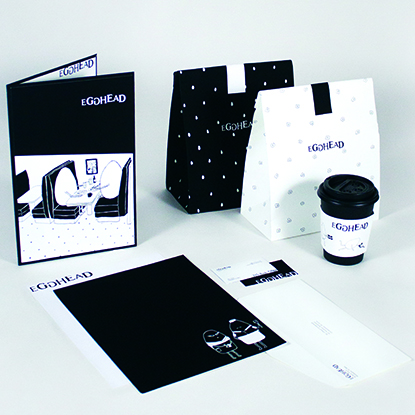 Pauline Nyren's Egghead restaurant to go packaging bags and coffee cup and menu